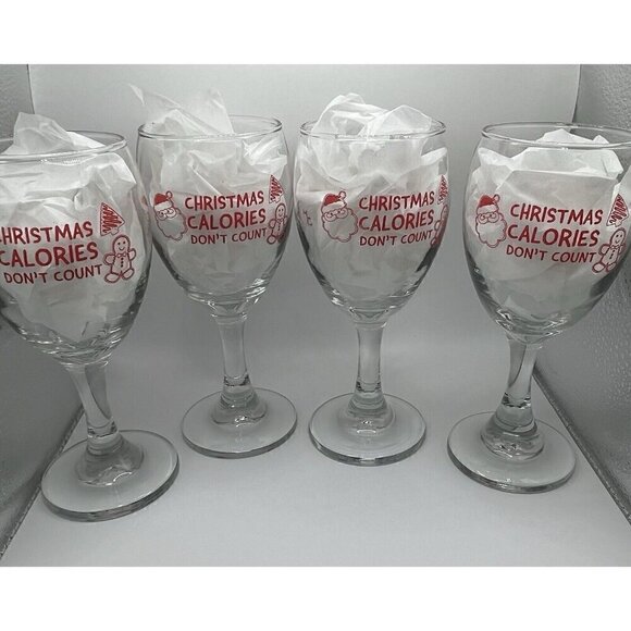 Christmas Calories Don't Count Set of 4 Wine Glasses 10oz Santa Holiday Party - Picture 1 of 13